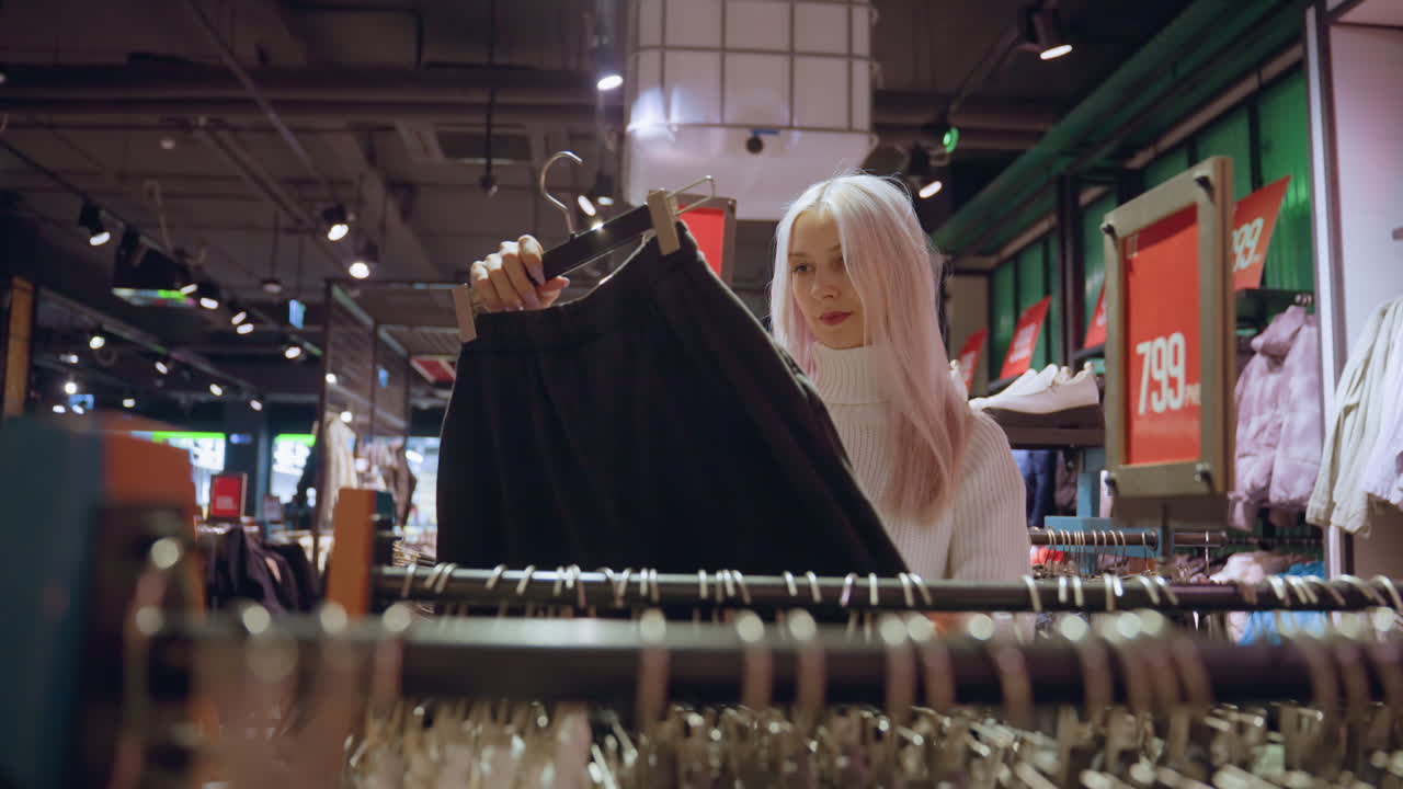 Retail enthusiast takes out baggy short from clothing rack and inspects fabric on hanger with focused expression running fingers over texture assessing fit style and quality in modern apparel store