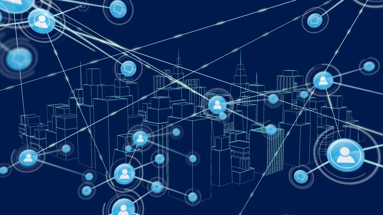 Animation of network of connections with icons and cityscape
