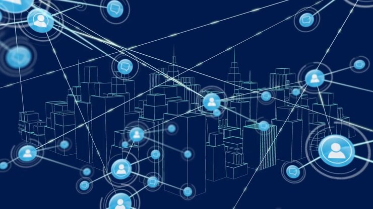 Animation of network of connections with icons and cityscape