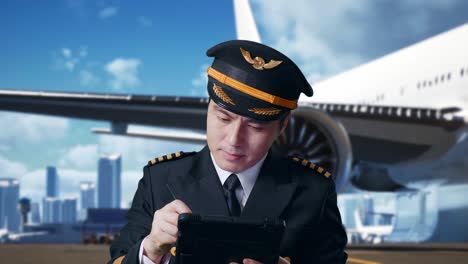 close up of asian man pilot taking note on a tablet while standing in airfield with airplane on background