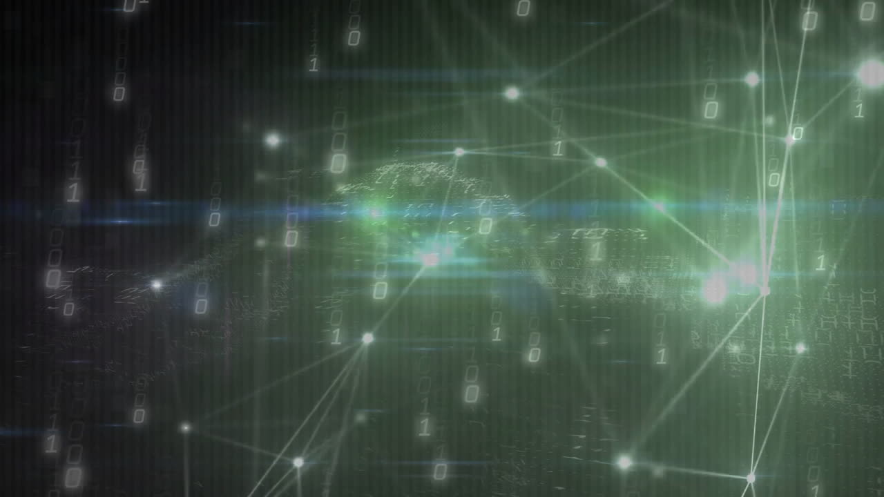 Forming digital landscape, animation of binary code and network connections in green