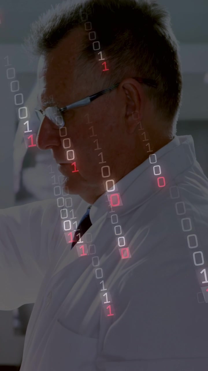 Vertical video: Lab scientist lifting vial to light, analyzing sample under binary overlay growing