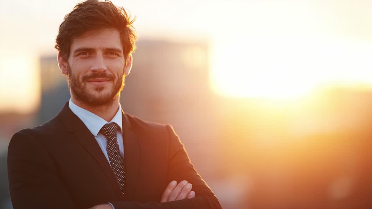 Confident Young Man in Formal Attire Standing Against a Vibrant Sunset Background, Exuding Professionalism and Charisma in a Relaxed Yet Powerful Pose
