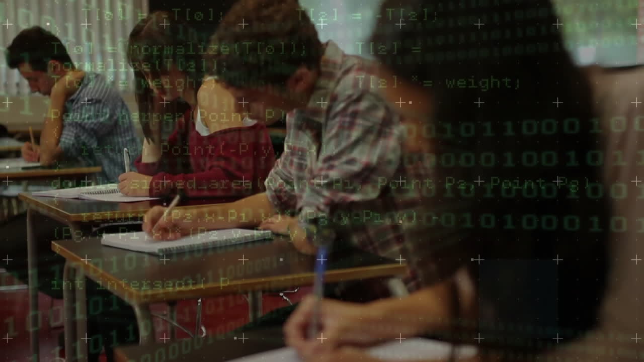 Programming code animation over students writing in classroom