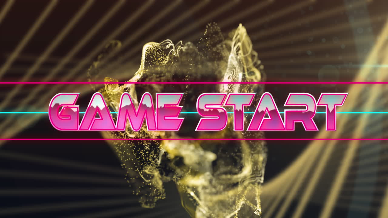 게임 시작 텍스트 배너의 애니메이션은 검은 바탕에 황금색 디지털 파도 위에 있습니다.