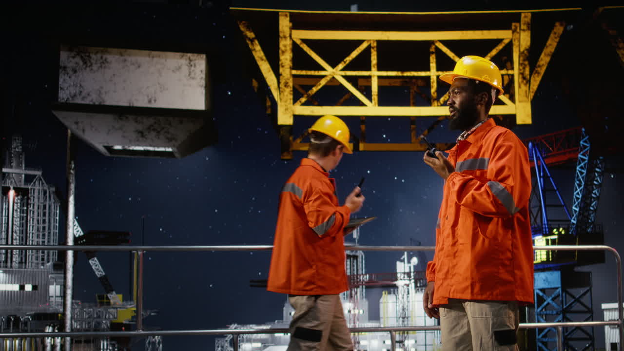 African american environmental officer communicates via radio device