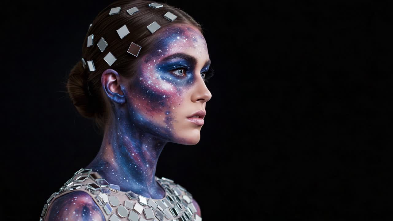 A Cosmic Transformation: A Stunning Portrait of a Model Embracing a Celestial Theme with Vibrant Galaxy-Inspired Face Paint and Reflective Accessories in a Dark Setting