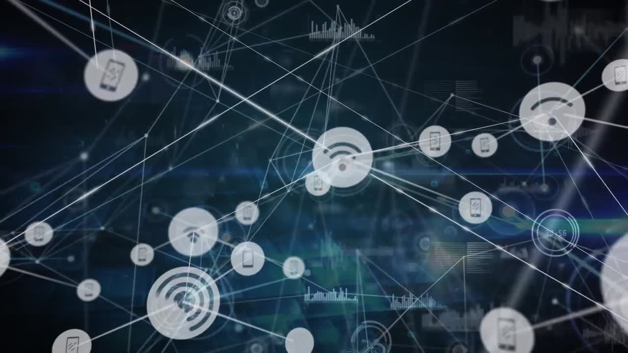 animación de la creciente red de medios y iconos wifi que transfieren datos en un fondo oscuro