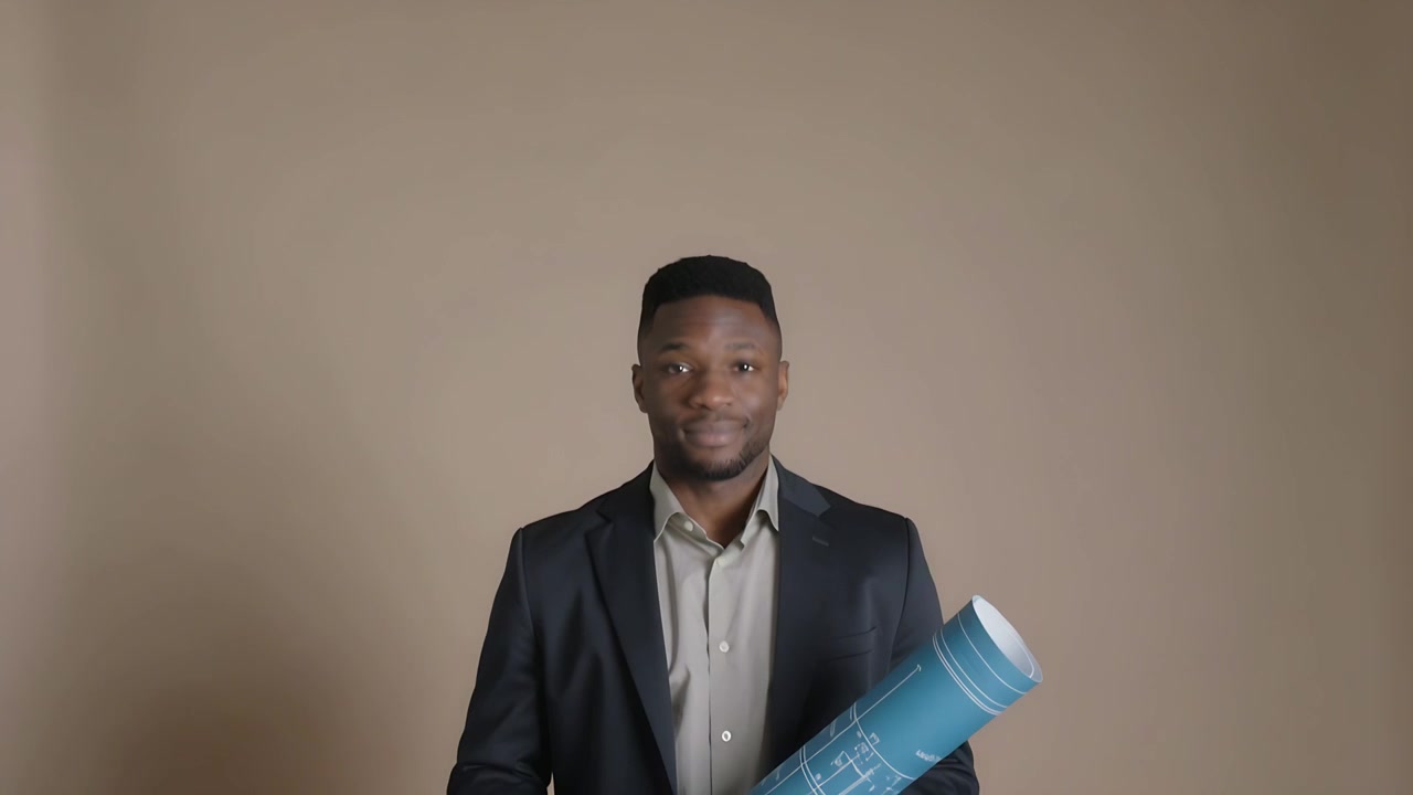 Uomo in blazer scuro che si sistema, presentando una planimetria color verde acqua, mentre entra nell'inquadratura su uno sfondo da studio beige.