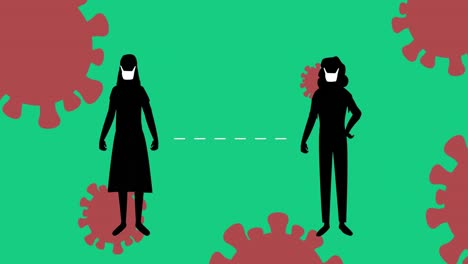 silhouette of two woman wearing face mask maintaining social distancing against covid-19 cells