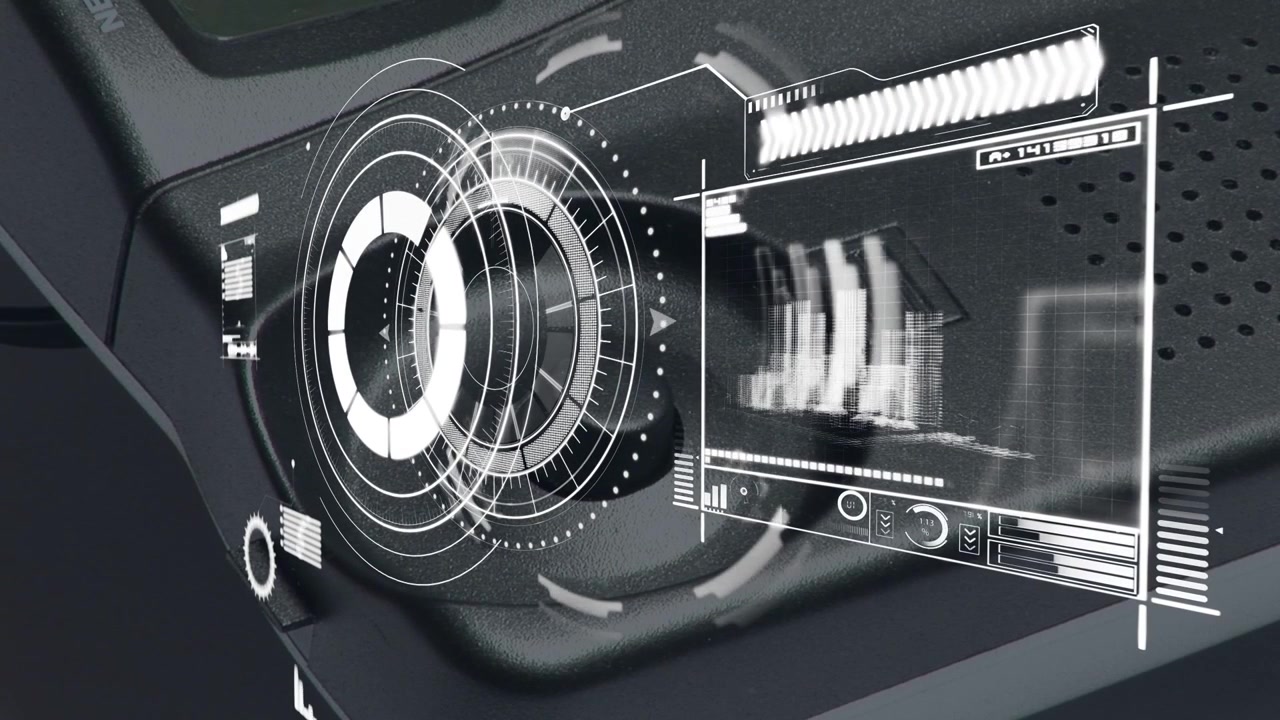 Кончик пальца поворачивает поворотную ручку, HUD расширяется, кольца вращаются, полосы поднимаются для управления технологиями.