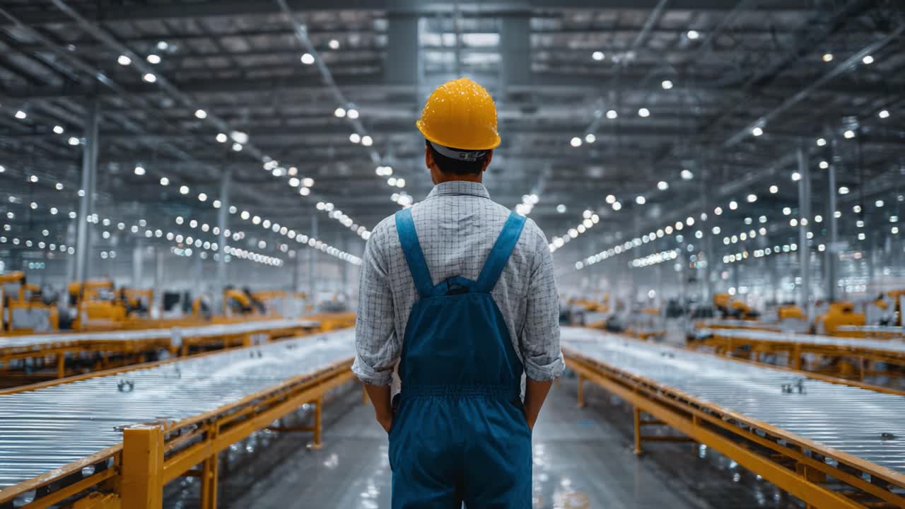 A Worker in Safety Gear Observes the Expansive Industrial Facility, Showcasing the Modern Manufacturing Environment and Efficient Production Lines