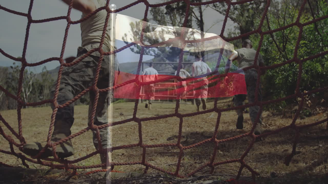 Playing soccer outdoors, people with Russian flag animation overlay on net