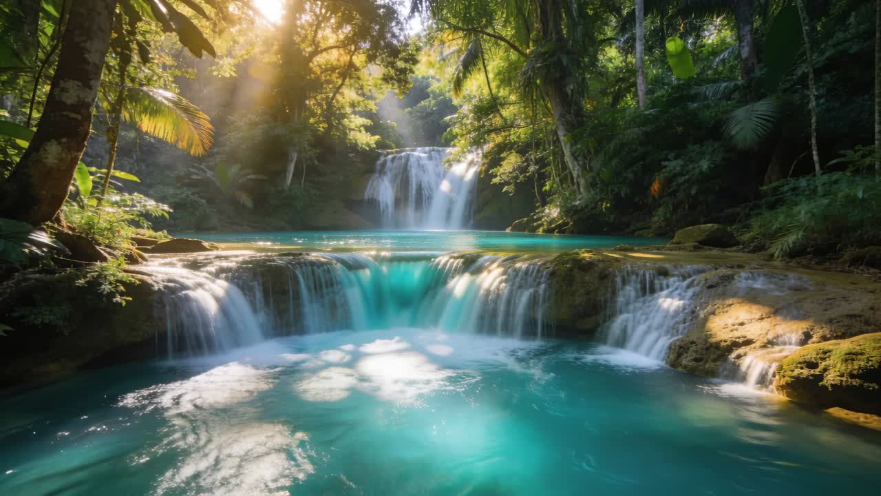 Cascata a più livelli che alimenta una piscina turchese, con raggi di sole che si spostano e creano increspature nella giungla.