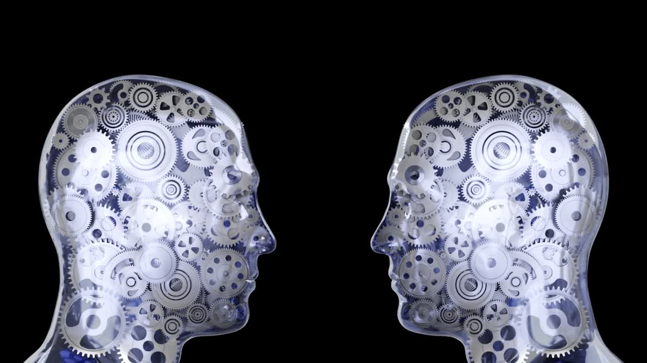 Testa umana con ingranaggi. Concetto di tecnologia aziendale. Animazione 3D