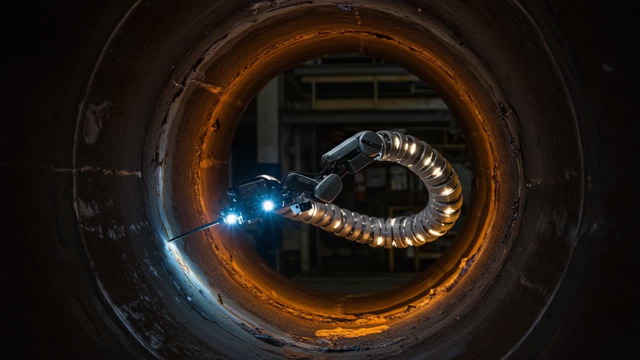 Exploring the Depths: A Robotic Arm Navigates Through a Pipe, Demonstrating Cutting-Edge Technology in Industrial Inspection and Maintenance Applications