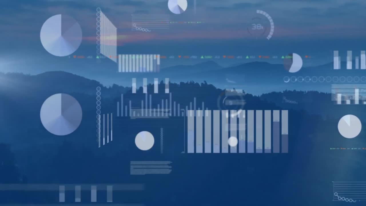 Animation of data processing against aerial view of landscape with mountains, trees and sunset sky