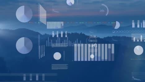 Animation-of-data-processing-against-aerial-view-of-landscape-with-mountains,-trees-and-sunset-sky