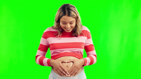 Green-screen,-heart-hands-or-happy-pregnant-woman