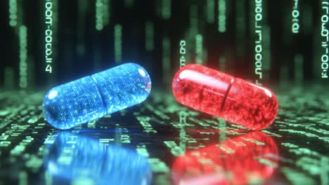 colorful capsules on digital background. blue and red capsules sit on a green digital matrix, representing choices and reality.