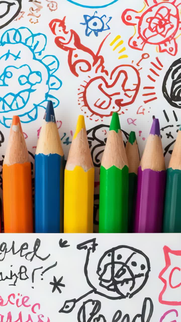 Vertical video: Sliding rainbow-gradient sheet covering colored pencils on desk with doodled paper