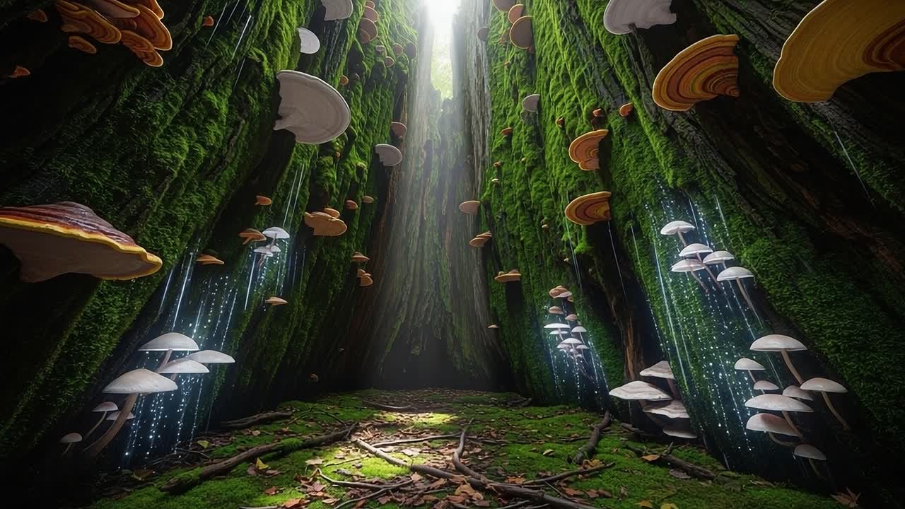 Una scena di foresta mistica con muschio verde lussureggiante e funghi enigmatici, immersa in una luce delicata che filtra attraverso alberi alti, creando un'atmosfera eterea di pace e meraviglia