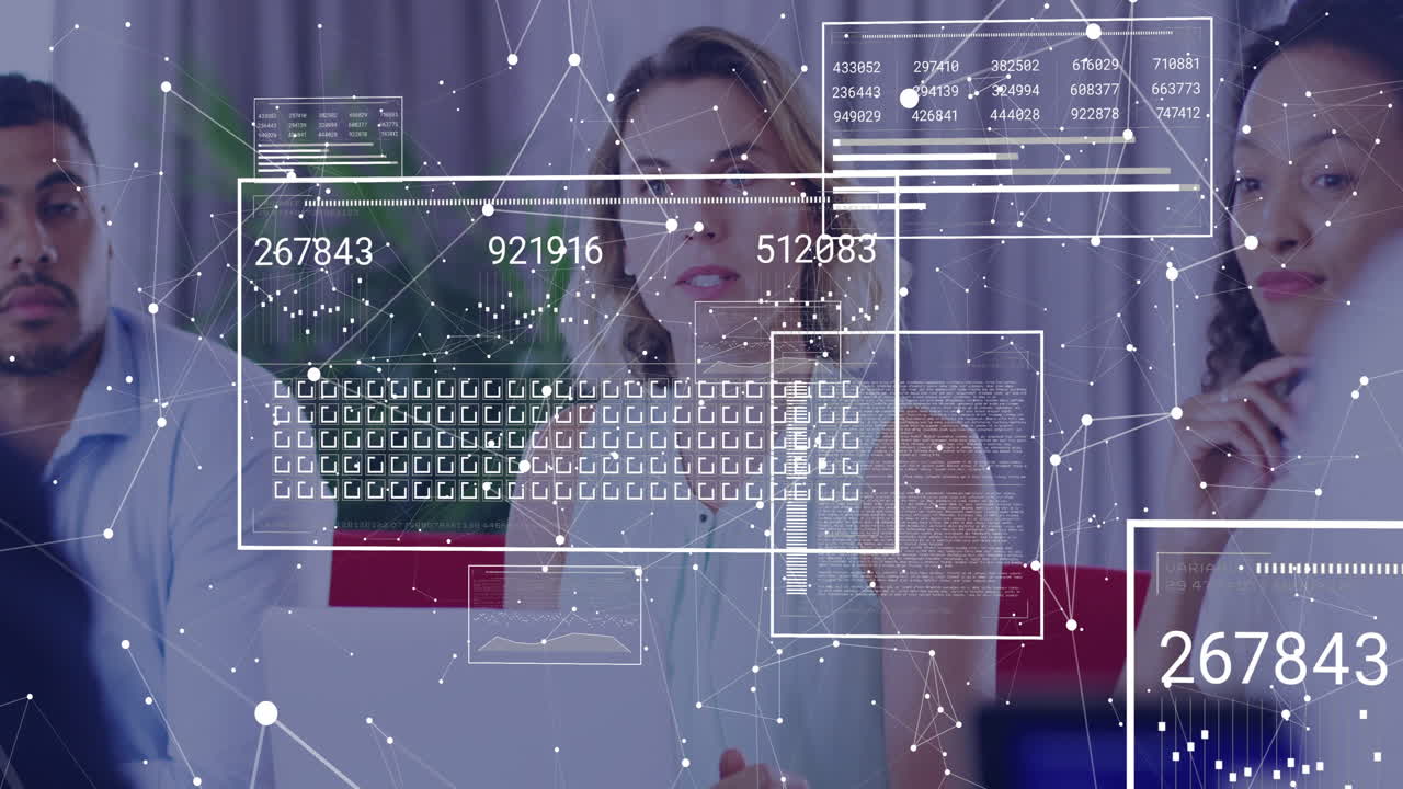 animación del procesamiento de datos financieros sobre diversas personas de negocios en la oficina