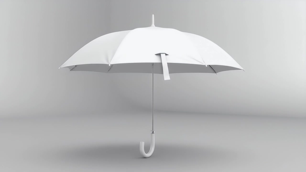 Ombrello bianco che ruota su uno sfondo da studio minimalista