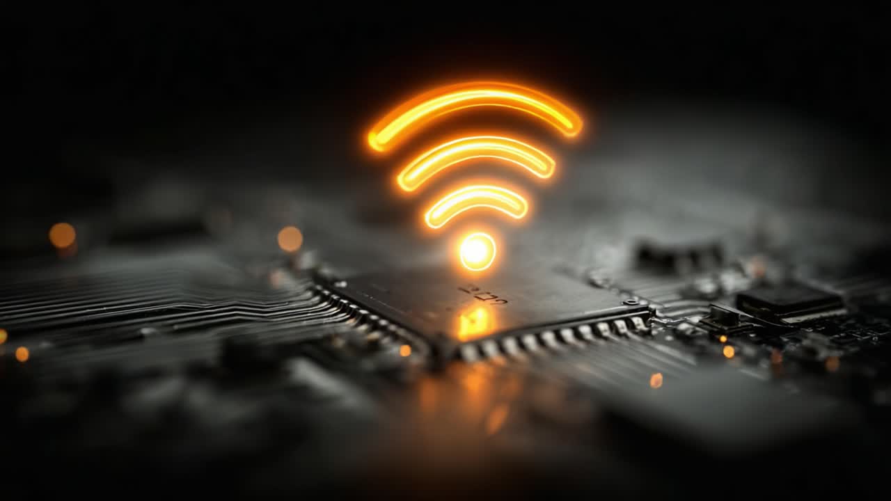 Illuminated Wi-Fi Signal Emanating from a Circuit Board Featuring Microchip Technology, Showcasing Modern Connectivity in a Digital Environment