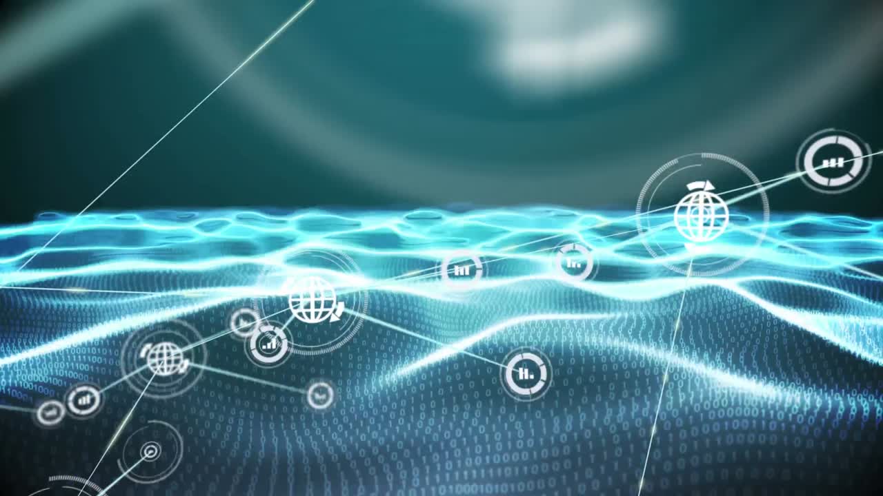 이진 코딩의 메쉬 위의 아이콘으로 연결 네트워크의 애니메이션