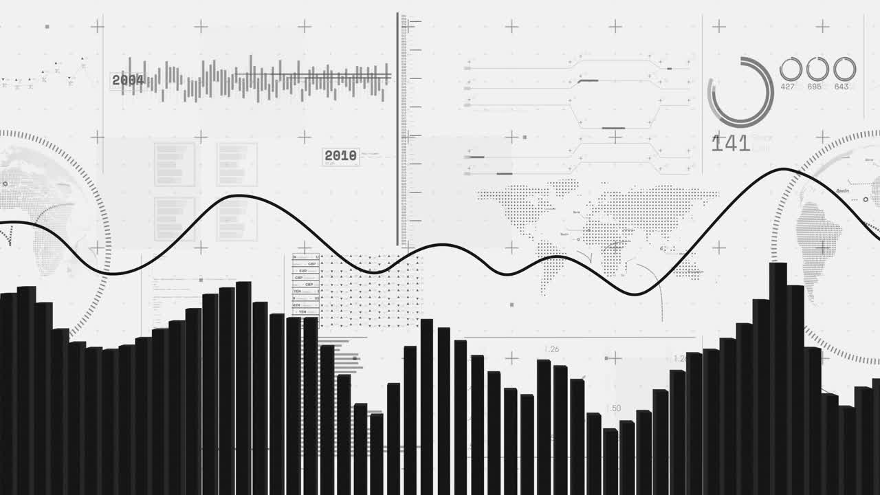 animación del procesamiento de datos financieros y globo terrestre sobre fondo blanco