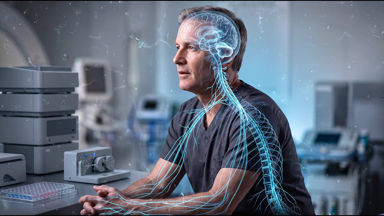 Soggetto maschile visualizzato con una sovrapposizione dell'anatomia del sistema nervoso luminescente mostrata in una scena commerciale moderna e pulita