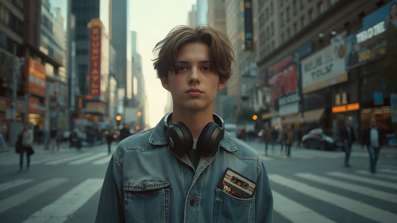 Stepping into crosswalk, teen boy pausing, gazing into lens on street, with headphones and cassette