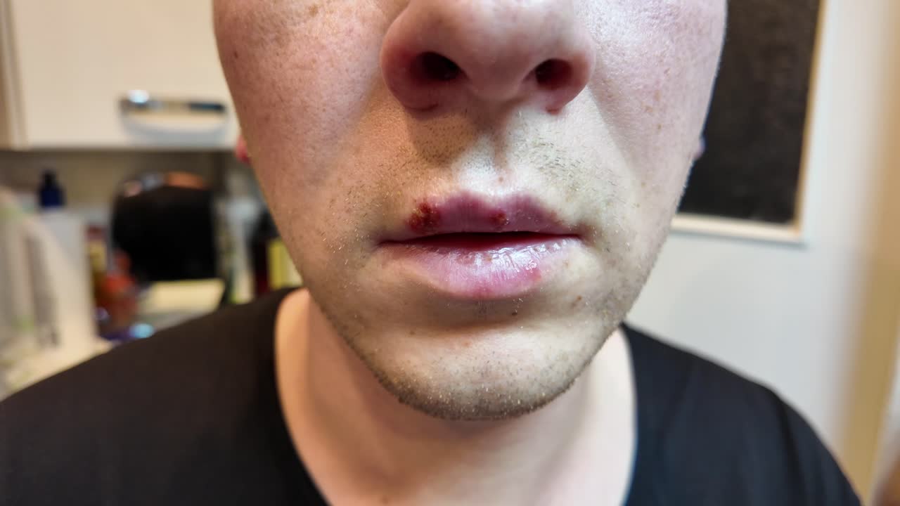 Herpes On The Male Lips Macro. Close-Up.