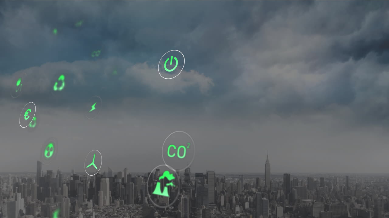 Animation of green energy icons and CO2 symbol over city skyline with clouds