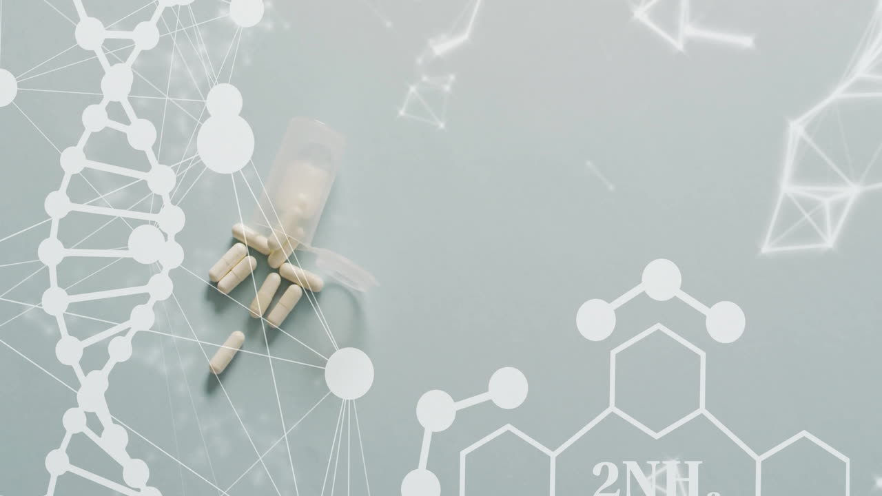 Animation of dna, networks and elements over pills on grey background