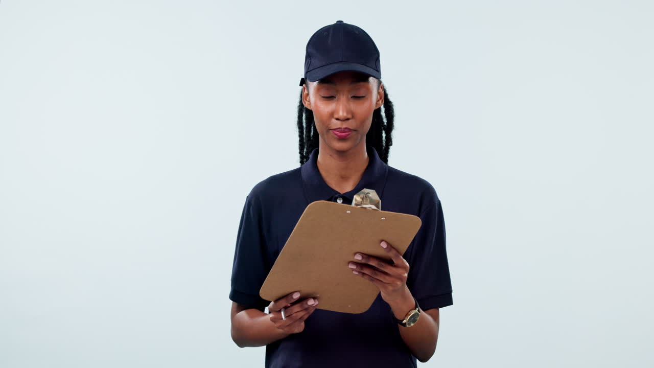 mujer negra feliz, entrega y clipboard para firmar