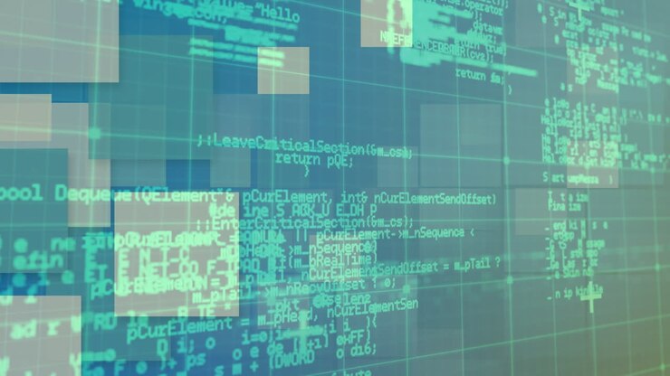 Animation of digital data processing over screens and grid background