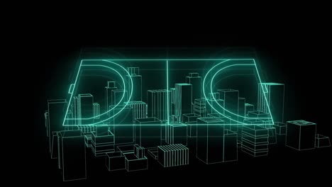 animation of green neon sports field and cityscape spinning