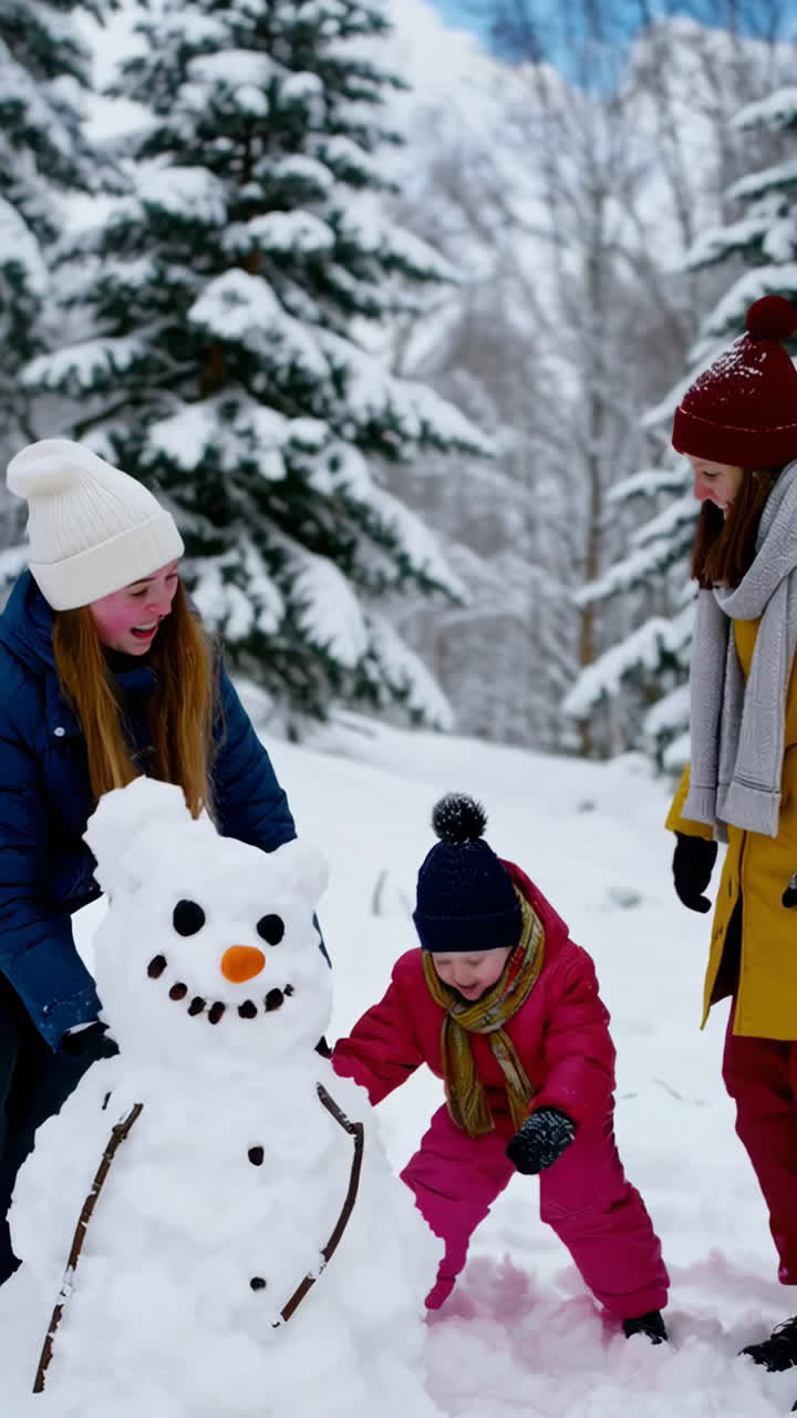 Family Fun and Snowball Fight in a Winter Forest