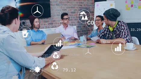 animation of eco icons and data processing over diverse business people in office