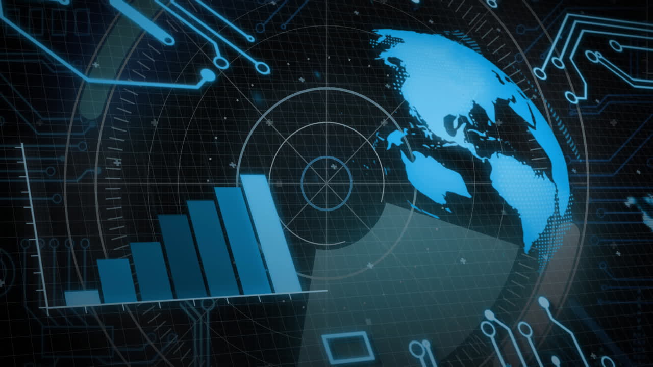 Bar chart and world map with digital circuits, data analysis animation