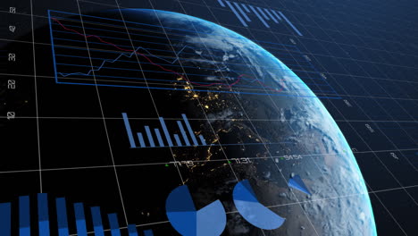 animation of statistical data processing over globe against blue background