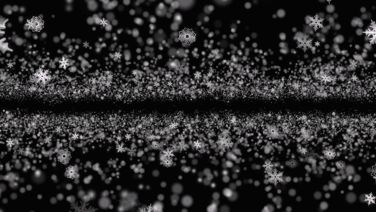 Stylized snowflakes flowing floating particle animation on black background