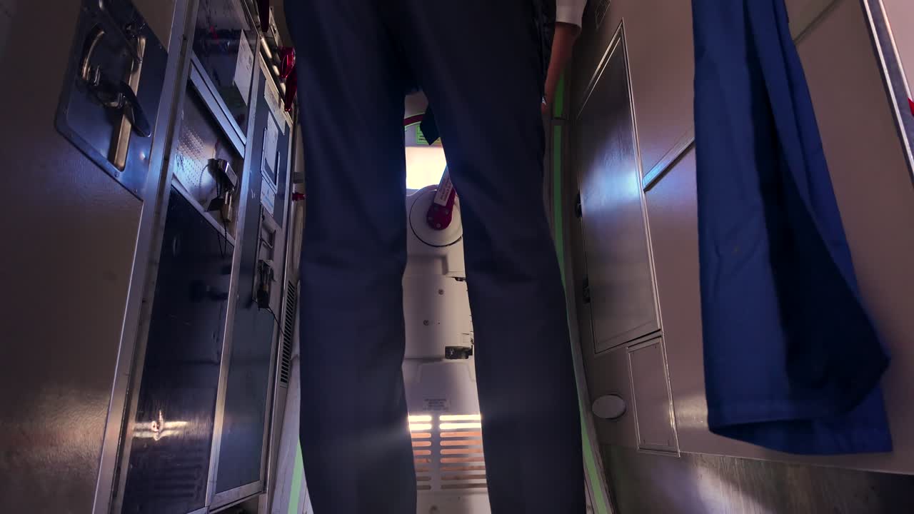 Primer plano, toma de ángulo bajo, de un auxiliar de vuelo masculino abriendo una de las puertas de un avión desde el interior.