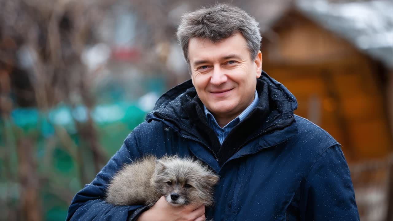 Joyful Moments of Connection: A Smiling Man Holds a Playful Puppy Amidst a Beautiful Natural Setting, Capturing the Essence of Companionable Love and Winter Magic