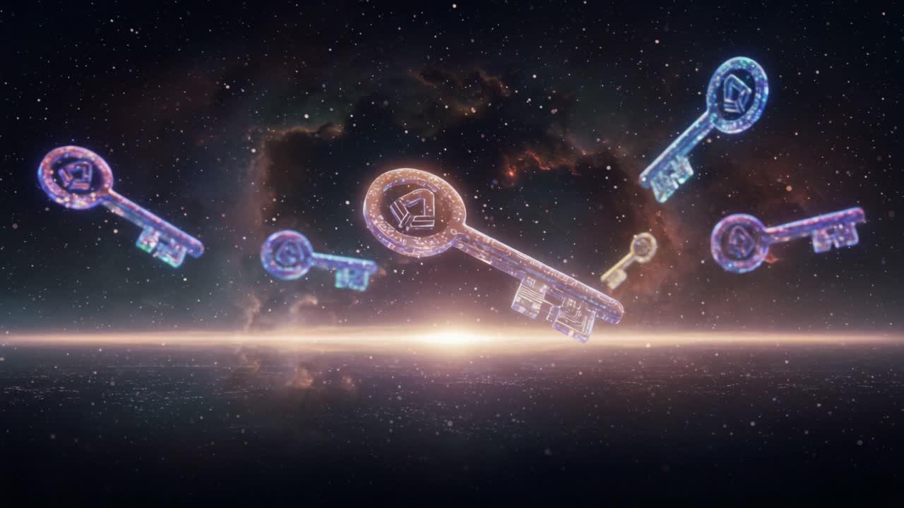 A cosmic display of vibrant keys floating in an ethereal space backdrop, representing the unlocking of secrets and possibilities in an infinite universe
