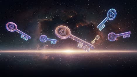 a cosmic display of vibrant keys floating in an ethereal space backdrop, representing the unlocking of secrets and possibilities in an infinite universe