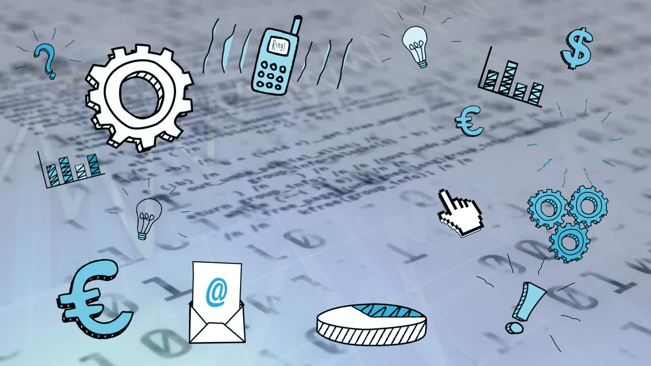 animación de iconos de negocios sobre el procesamiento de datos binarios sobre la ciudad por la noche