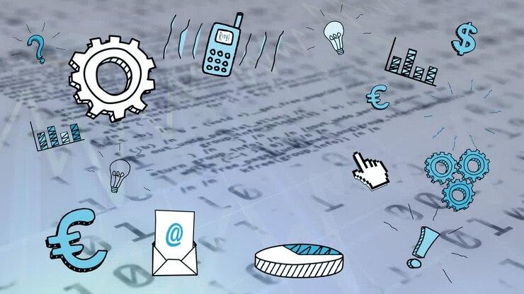Animation of business icons over binary data processing over city at night